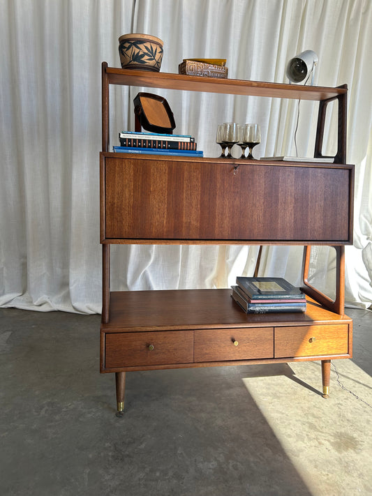 Vintage Midcentury Walnut Secretary Desk Bookcase by Saginaw Furniture, Circa 1960s