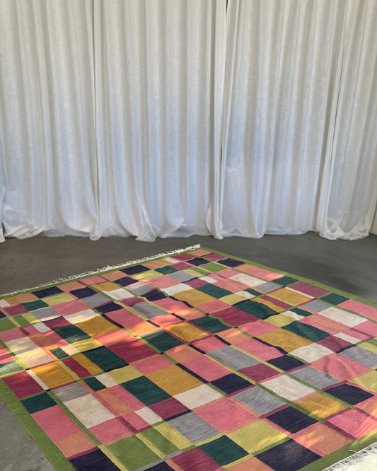 Vintage Geometric Plaid Kilim Flatweave Rug