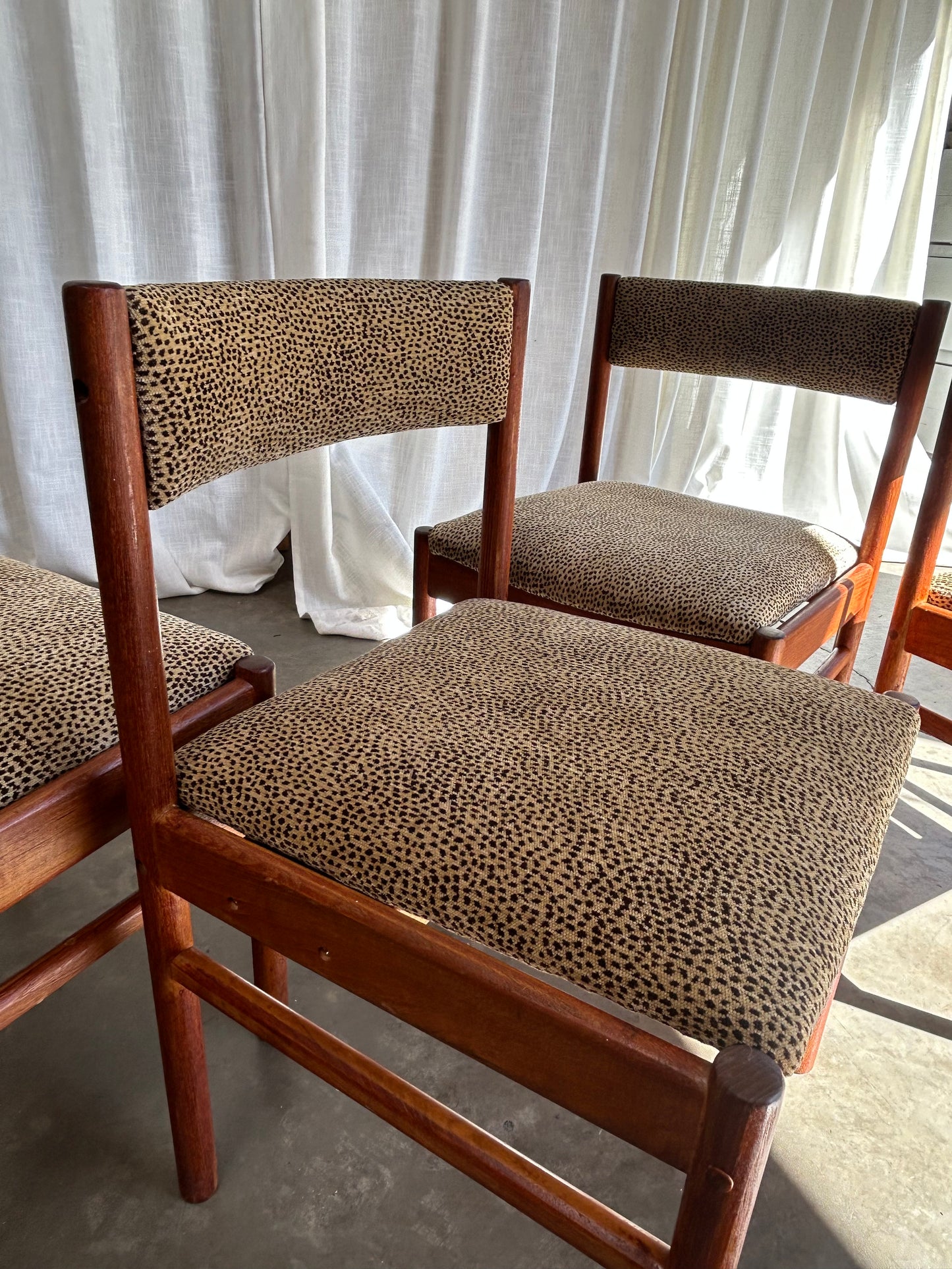 Vintage Danish Style Teak Dining Chairs with New Chenille Upholstery, Set of 4