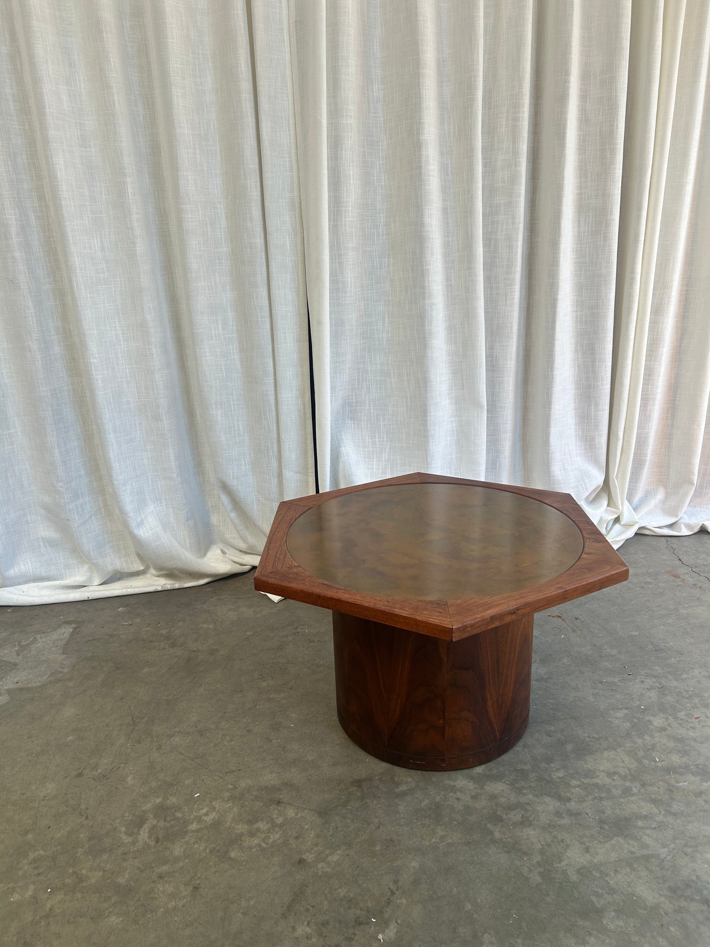 Mid-Century Modern Walnut and Patinated Copper Hexagon Drum Coffee Table, In the Style of Brown Saltman, Circa 1970s