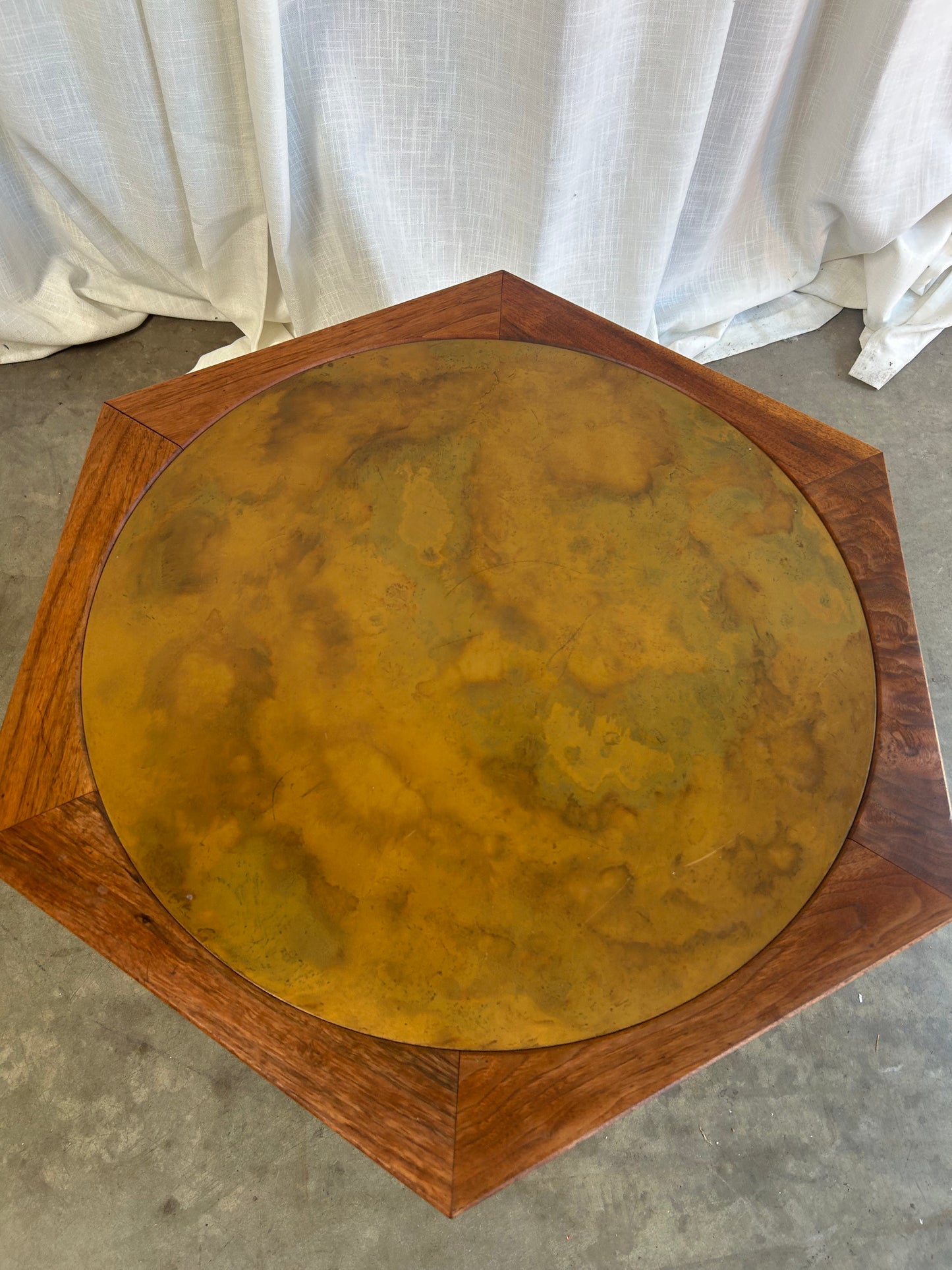 Mid-Century Modern Walnut and Patinated Copper Hexagon Drum Coffee Table, In the Style of Brown Saltman, Circa 1970s