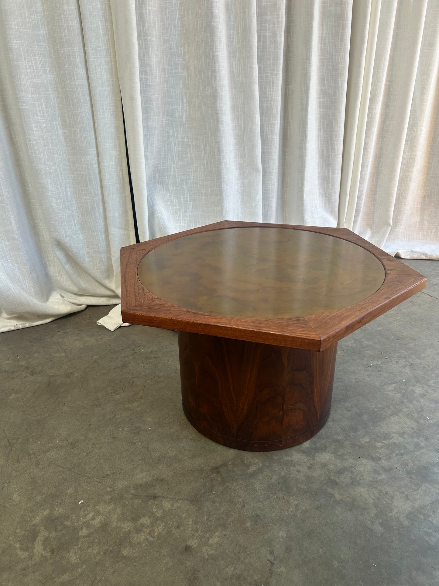 Mid-Century Modern Walnut and Patinated Copper Hexagon Drum Coffee Table, In the Style of Brown Saltman, Circa 1970s