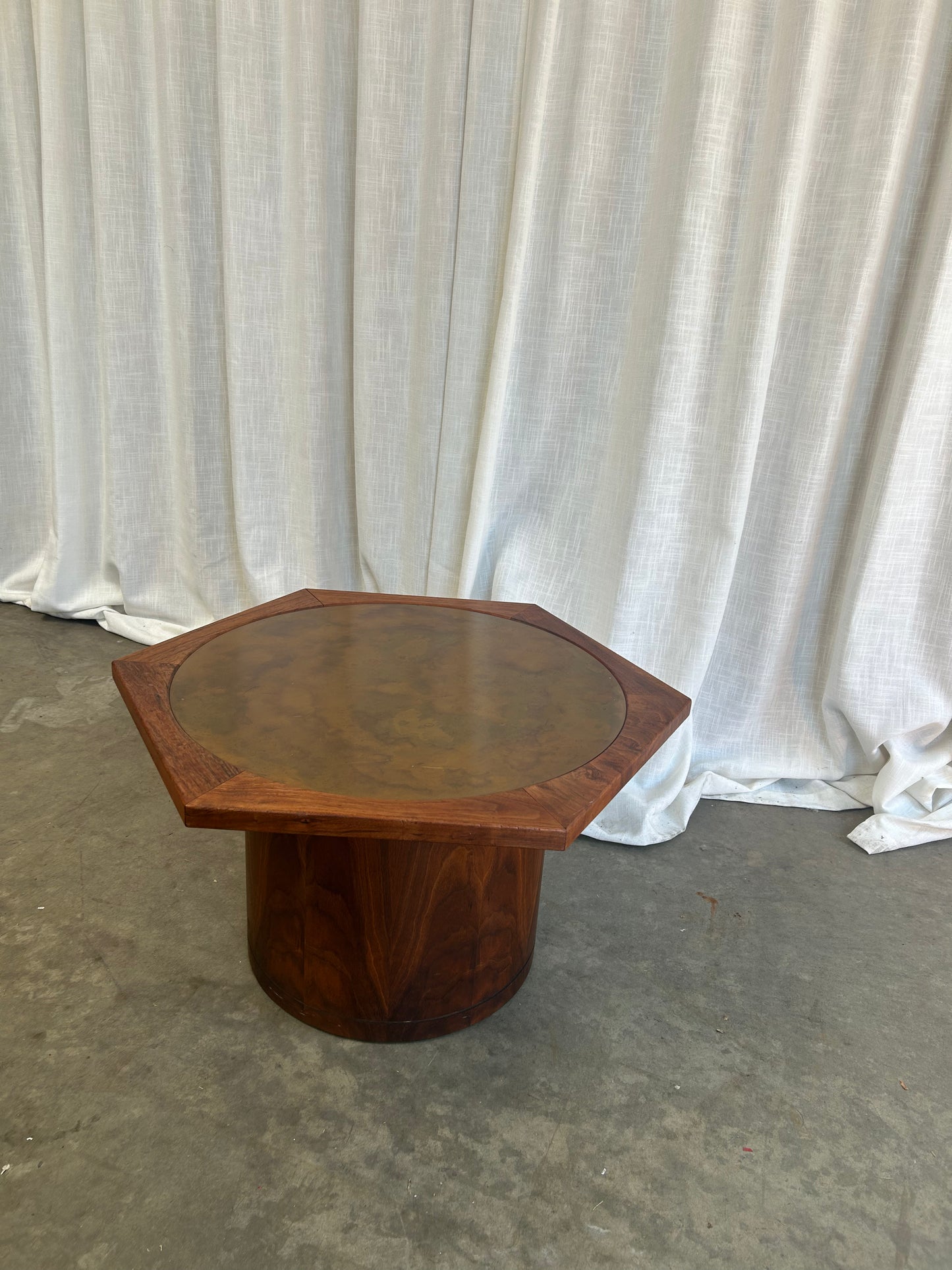Mid-Century Modern Walnut and Patinated Copper Hexagon Drum Coffee Table, In the Style of Brown Saltman, Circa 1970s