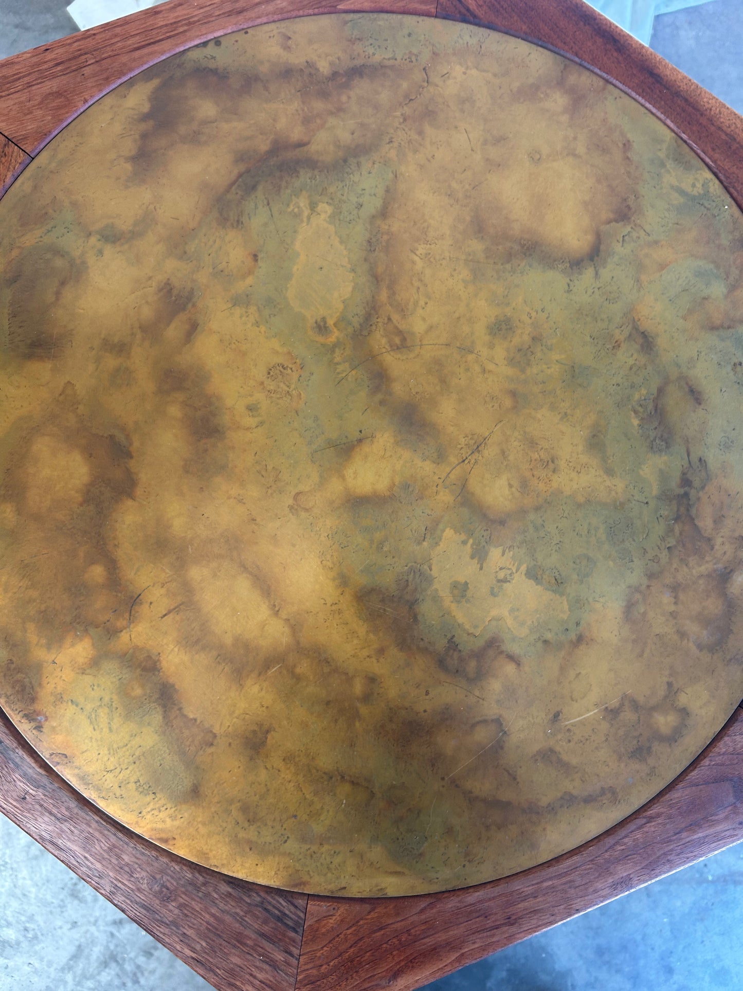 Mid-Century Modern Walnut and Patinated Copper Hexagon Drum Coffee Table, In the Style of Brown Saltman, Circa 1970s