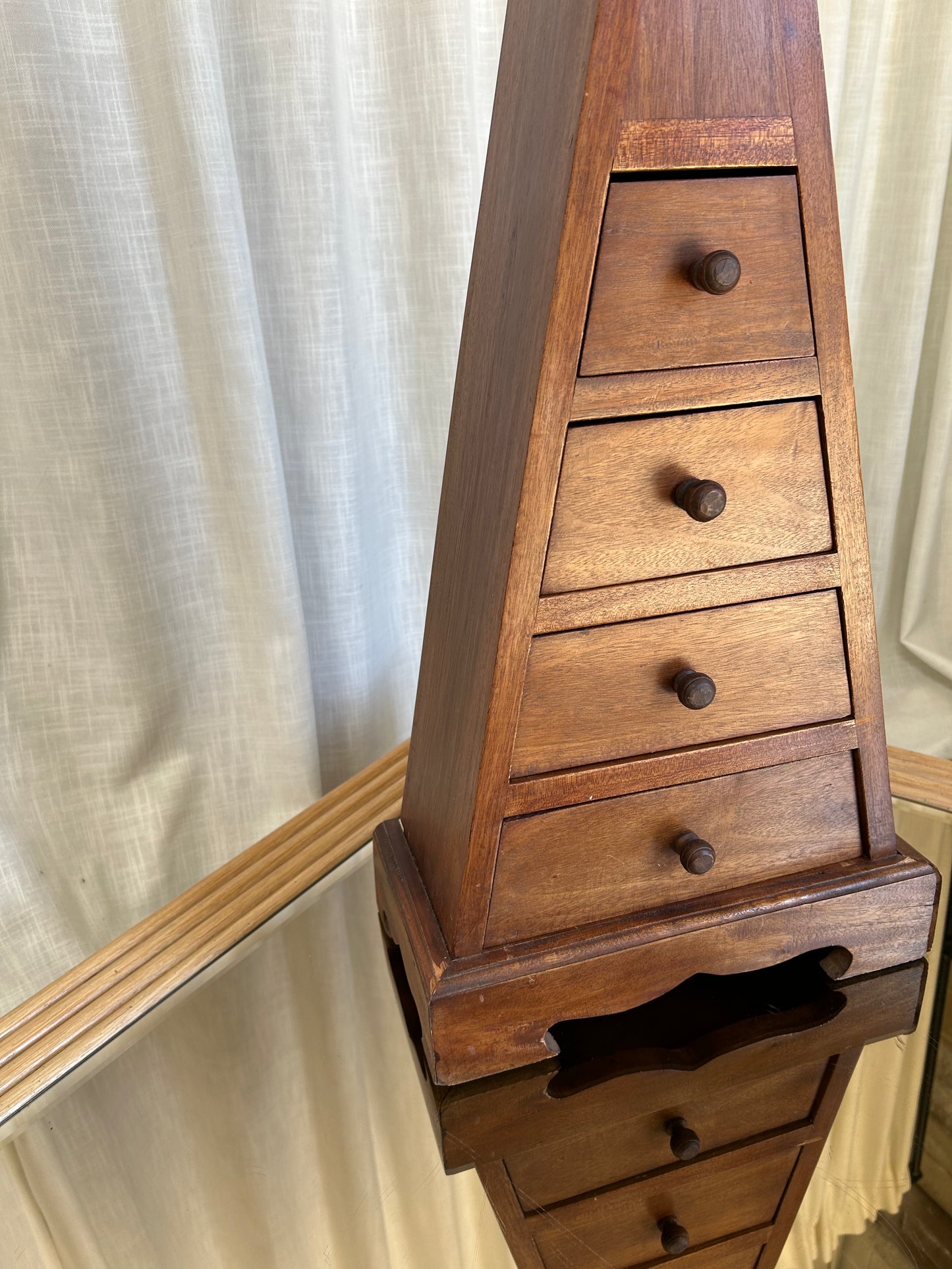 Vintage Solid Wood Pyramid Jewelry Box with 4 Drawers