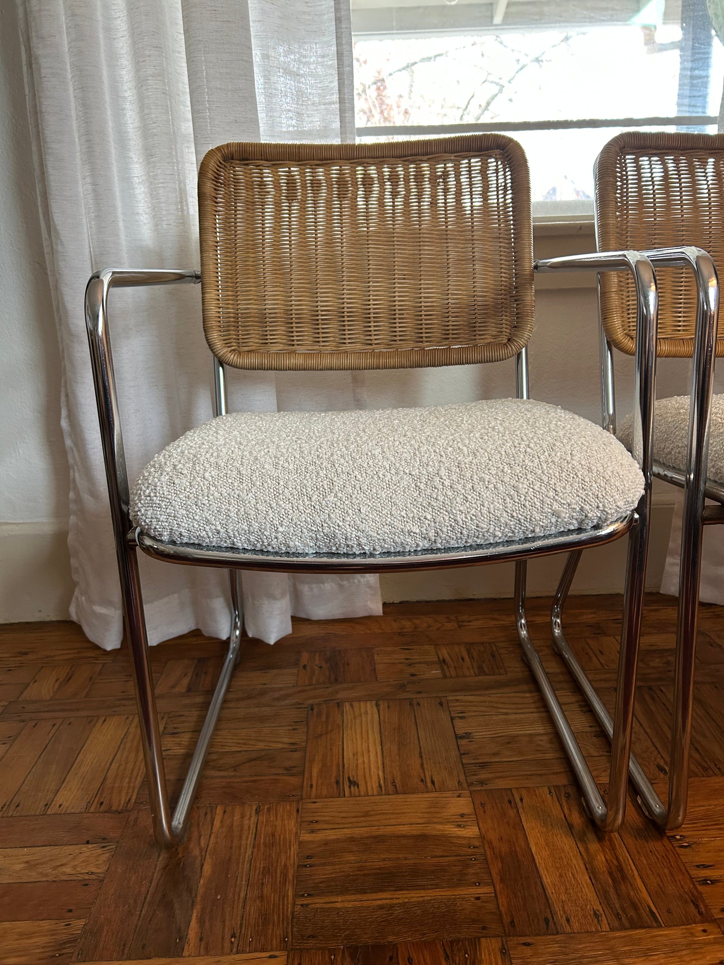 (2) Mid Century Chrome Wicker Boucle Armchairs