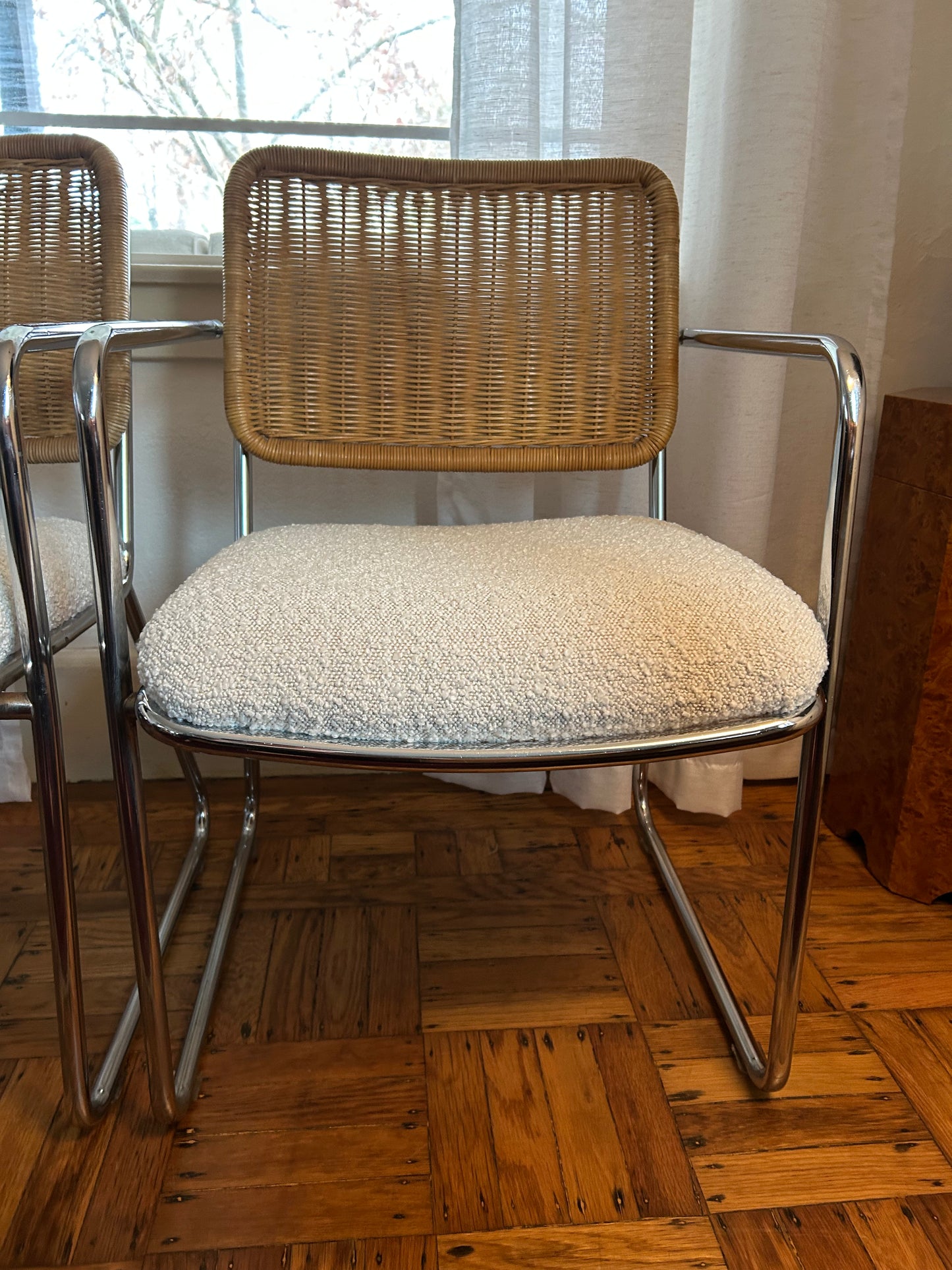 (2) Mid Century Chrome Wicker Boucle Armchairs