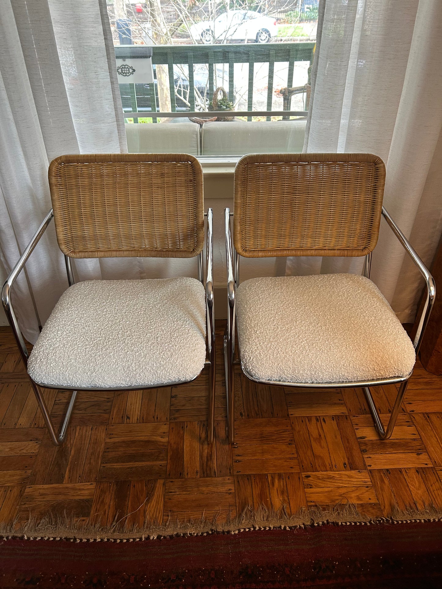 (2) Mid Century Chrome Wicker Boucle Armchairs