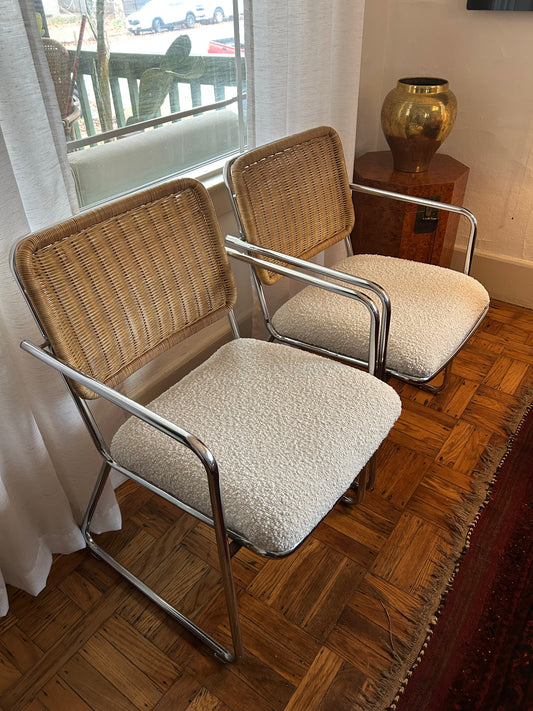 (2) Mid Century Chrome Wicker Boucle Armchairs