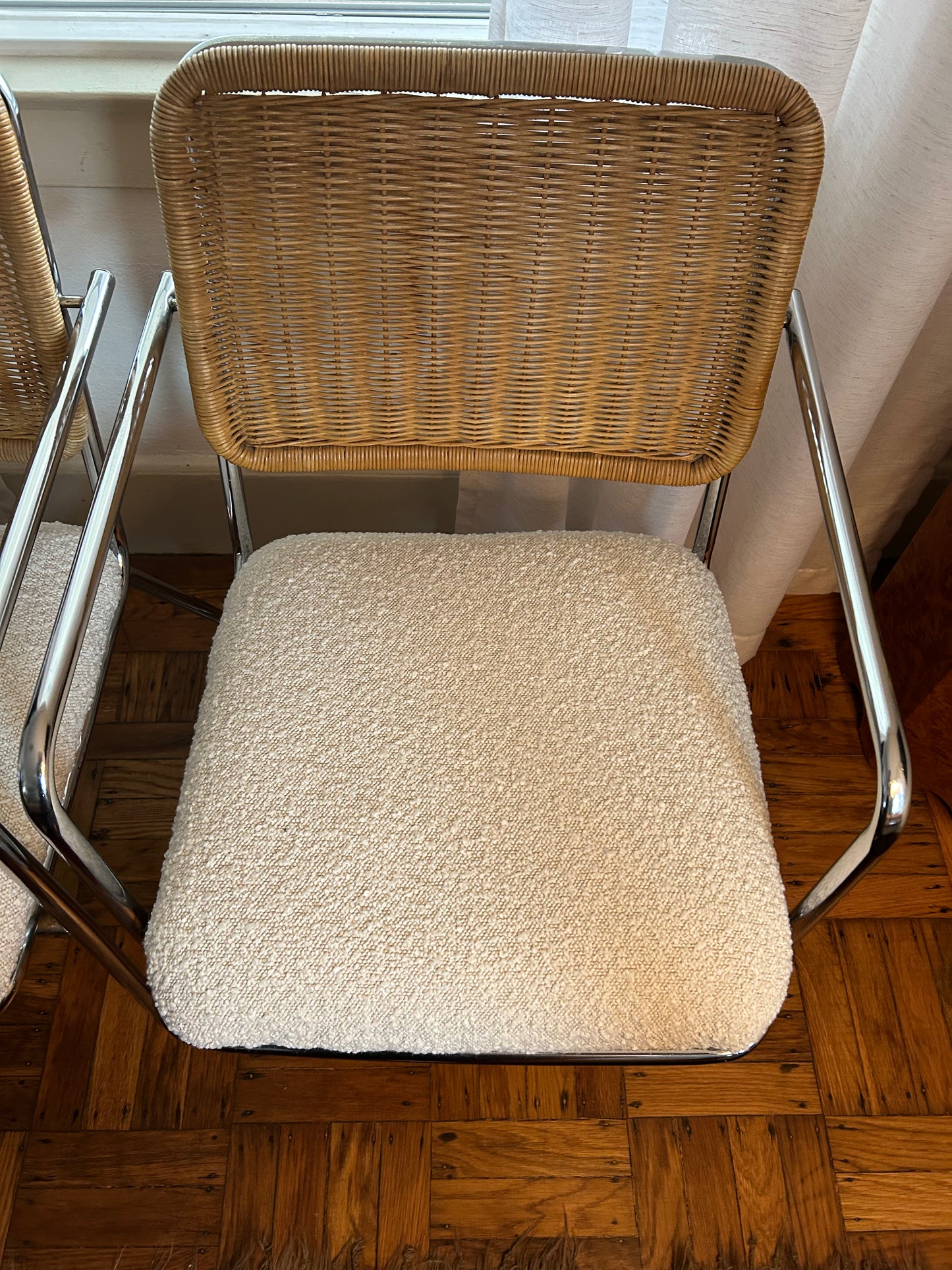 (2) Mid Century Chrome Wicker Boucle Armchairs