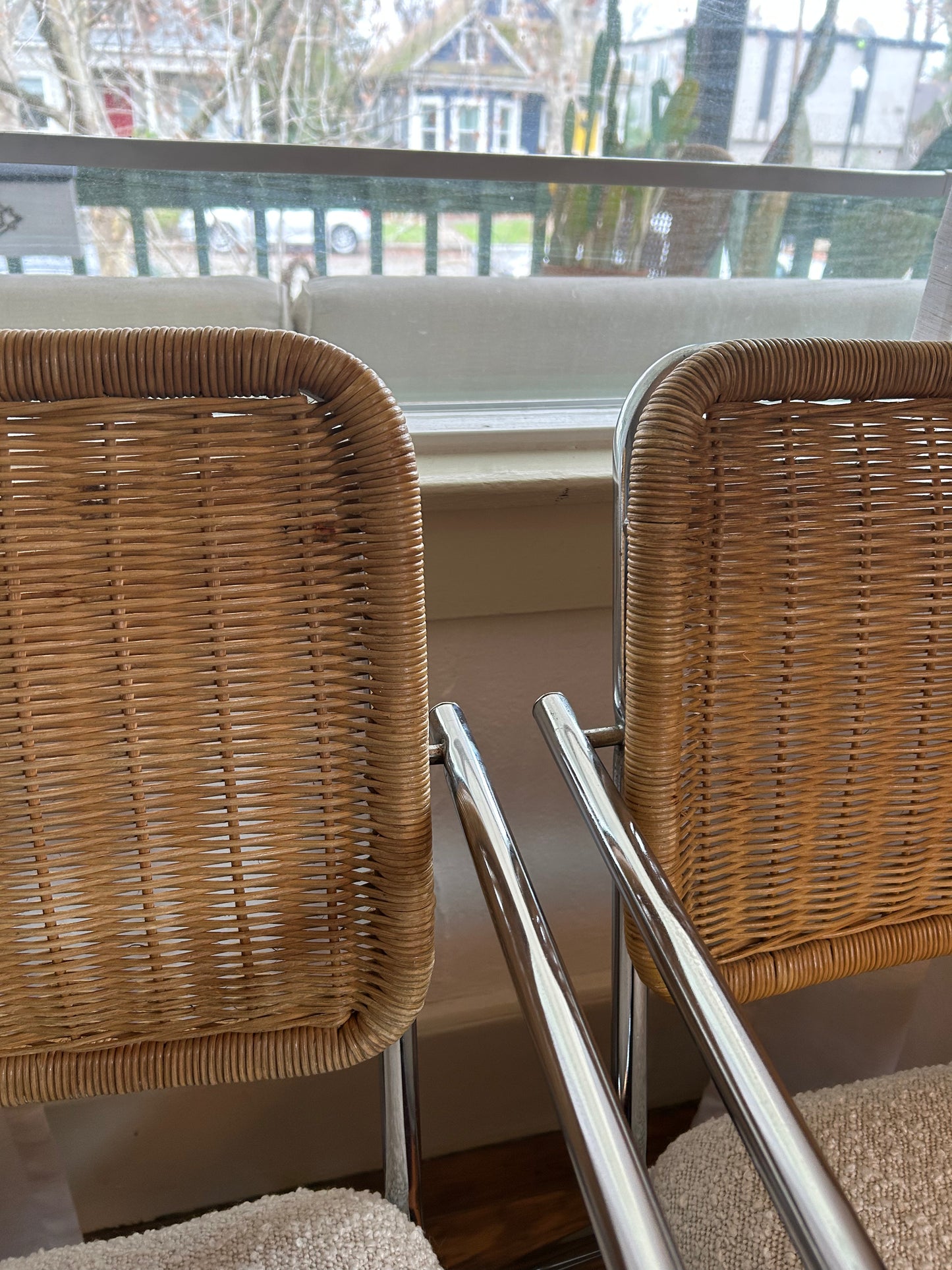 (2) Mid Century Chrome Wicker Boucle Armchairs