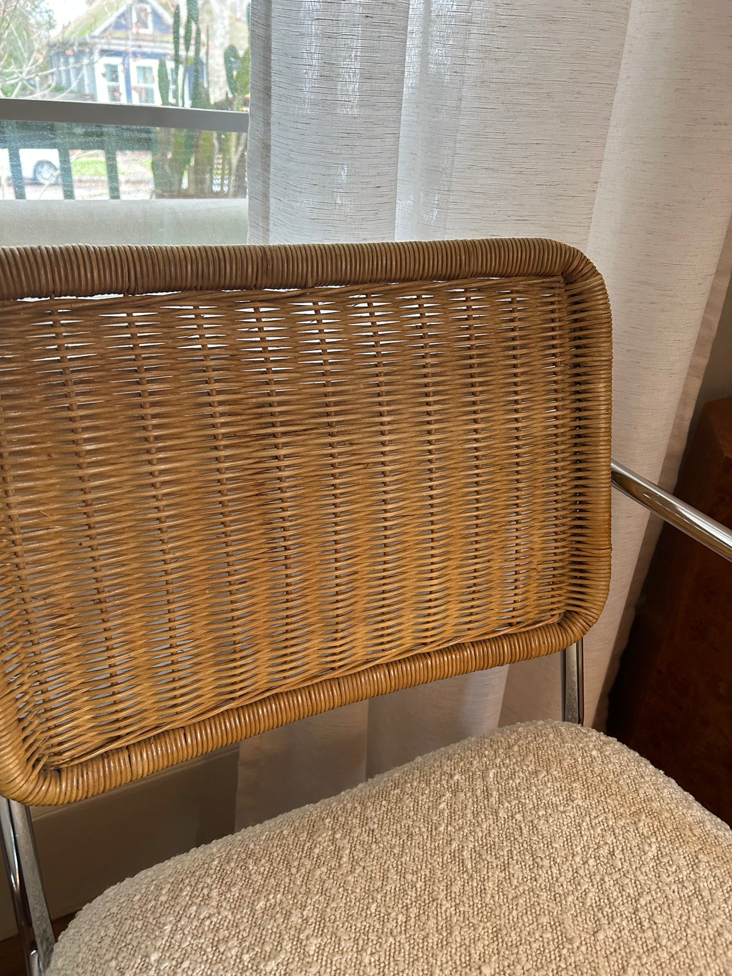 (2) Mid Century Chrome Wicker Boucle Armchairs