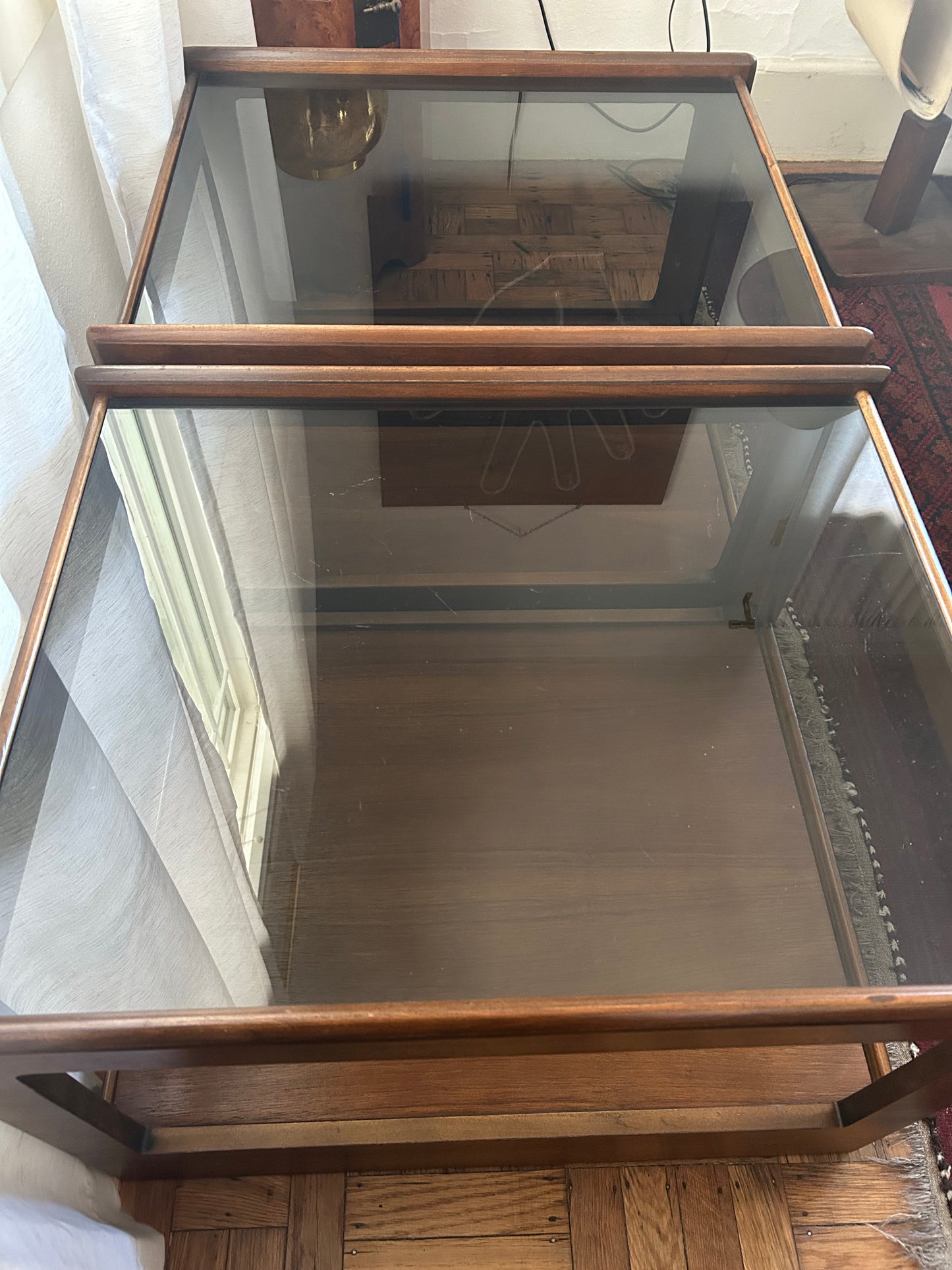 Pair of Mid Century Walnut Smokey Glass End Tables