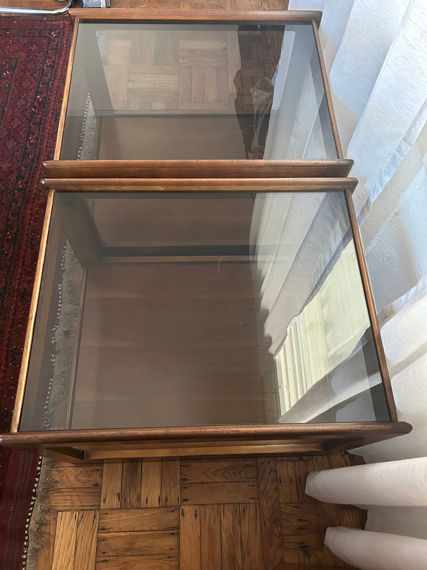 Pair of Mid Century Walnut Smokey Glass End Tables