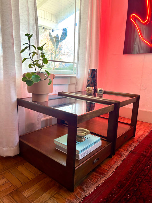 Pair of Mid Century Walnut Smokey Glass End Tables