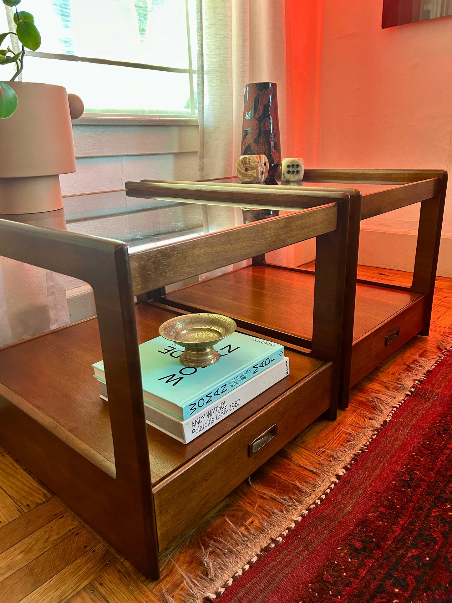 Pair of Mid Century Walnut Smokey Glass End Tables