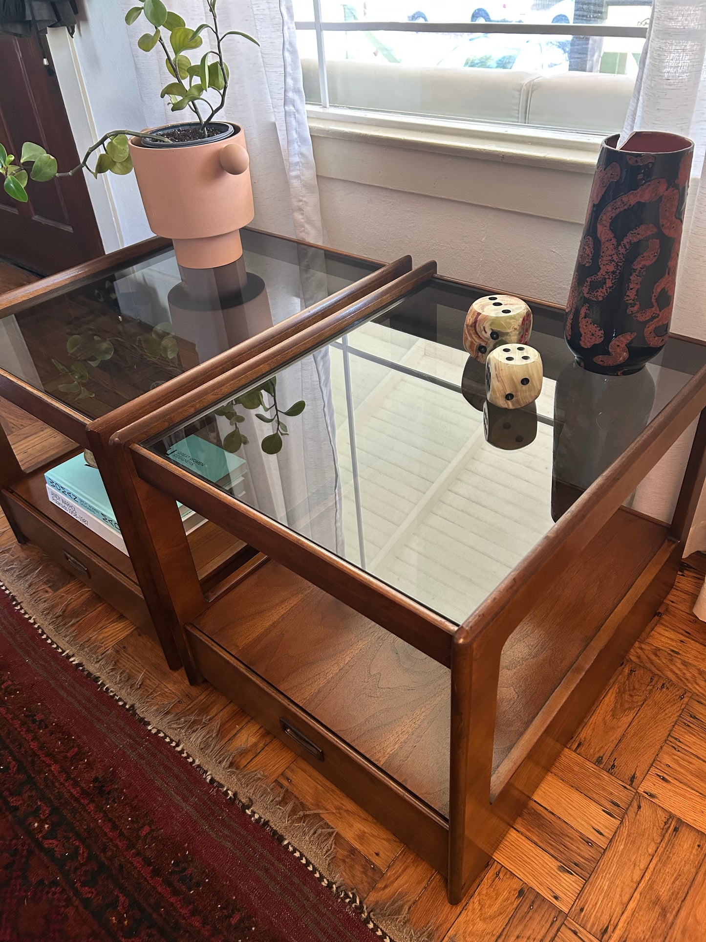 Pair of Mid Century Walnut Smokey Glass End Tables