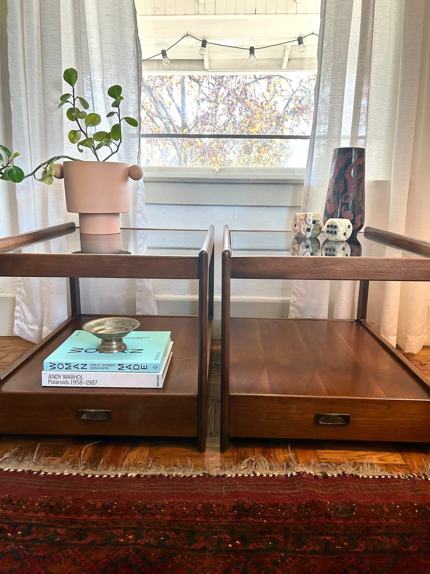 Pair of Mid Century Walnut Smokey Glass End Tables