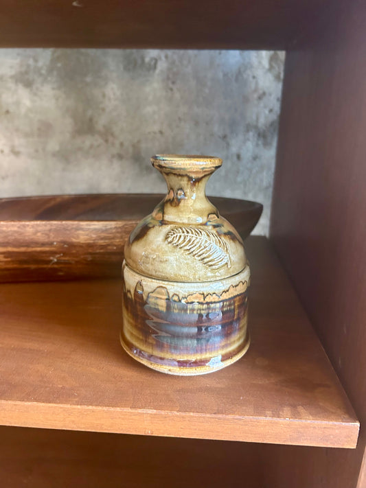 Small Burgandy, Brown, Taupe Handmade Ceramic Jar w/ Lid