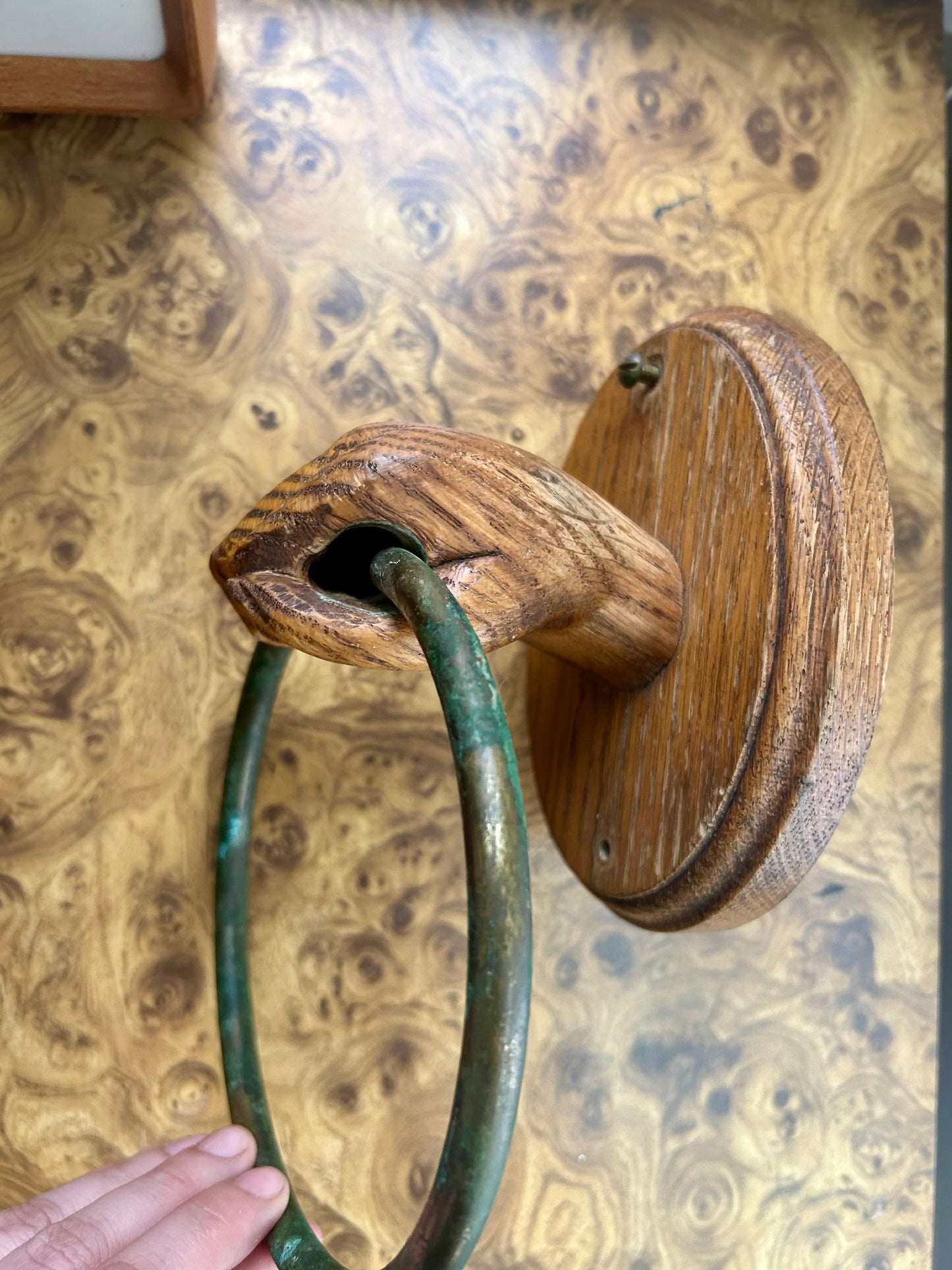 Oak and Patined Brass Hand Towel Holder