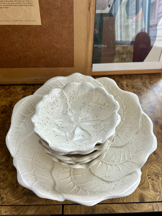 Vintage Ceramic Speckled Cabbage Leaf Salad Bowl Serving Set