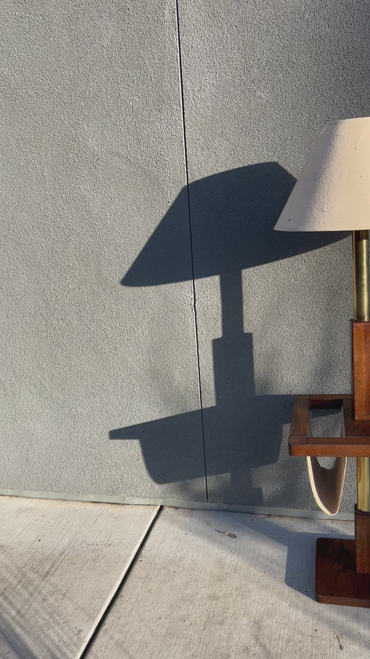 Vintage MCM Brass and Oak Floor Lamp with Built-in Leather Magazine Holder, Circa 1970s